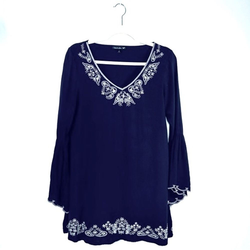Double Zero Hippie Boho Embroidered Bohemian 70's Bell Sleeve Tunic Blouse Sz S